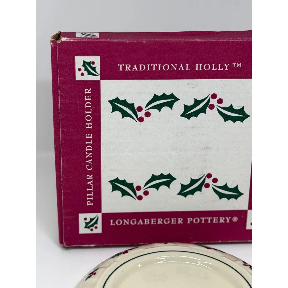 Longaberger‎ Pottery Pillar Candle Holder Traditional Holly Ivory Green Red Box